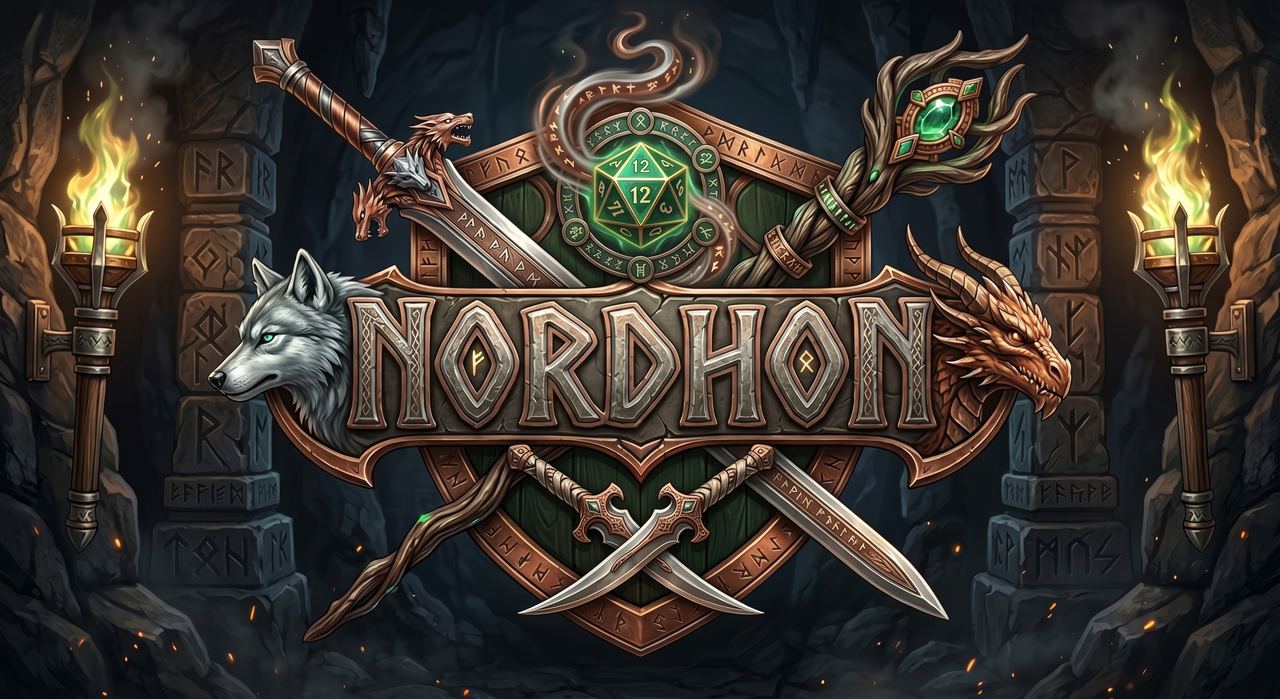 Arte do Nordhon: o brasão com lobo, dragão, espada, cajado e um d20 esmeralda entre tochas numa caverna de pedras rúnicas